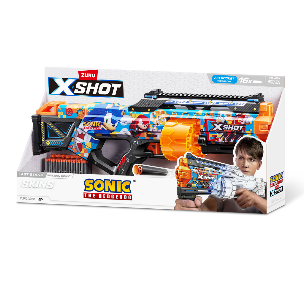 Light Gray XSHOT SKINS LAST STAND Modern Sonic, Sonic The Hedgehog Blaster (16 Air Pocket Technology Darts) 36704 by ZURU HALSON ENTERPRISE 36704A_XSHOT-SKINS-LASTSTAND_16Darts_SonicOpenBox_Angle_01A.png Action Figures and Play Sets