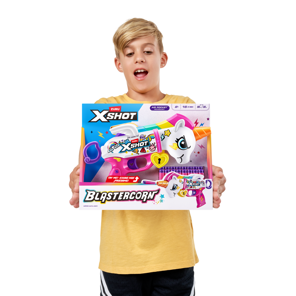 Tan XSHOT Blastercorn (16 Darts) 36729 by ZURU HALSON ENTERPRISE 36729_XSHOT_BLASTERCORN-SERIES1-UNICORNBLASTER_16darts_-OpenBox_LIFESTYLEWHITE_01.png Action Figures and Play Sets