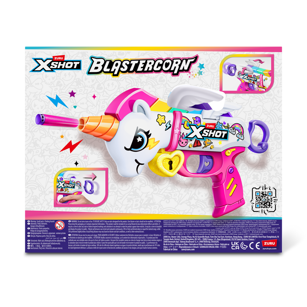 Midnight Blue XSHOT Blastercorn (16 Darts) 36729 by ZURU HALSON ENTERPRISE 36729_XSHOT_BLASTERCORN-SERIES1-UNICORNBLASTER_BACKOFPACK.png Action Figures and Play Sets