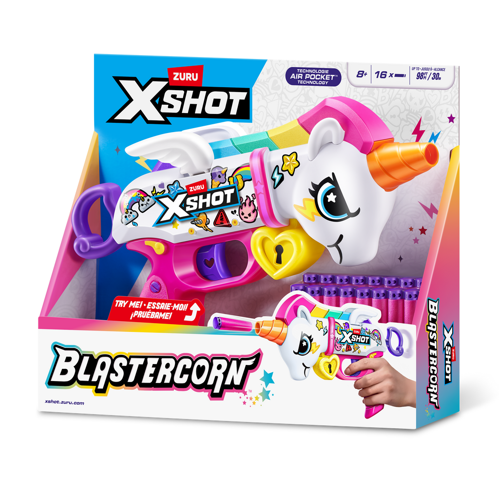 Dark Slate Blue XSHOT Blastercorn (16 Darts) 36729 by ZURU HALSON ENTERPRISE 36729_XSHOT_BLASTERCORN-SERIES1-UNICORNBLASTER_SIDEOFPACK.png Action Figures and Play Sets