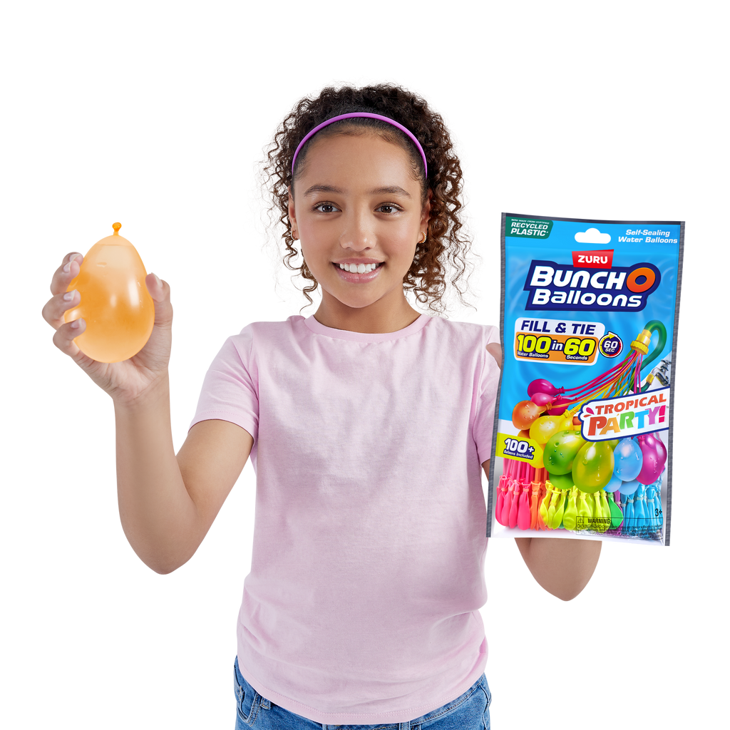 Gray Bunch O Balloons Tropical Party 100+ Rapid-Filling Self-Sealing Water Balloons (3 Pack) 56480 by ZURU HALSON ENTERPRISE 56493_BUNCHOBALLOONS-ACCESSORIES-LAUNCHERSDualLauncherWith4TropicalPartyBunchOBalloons_Lifestyle_02.png Outdoor and Active Play