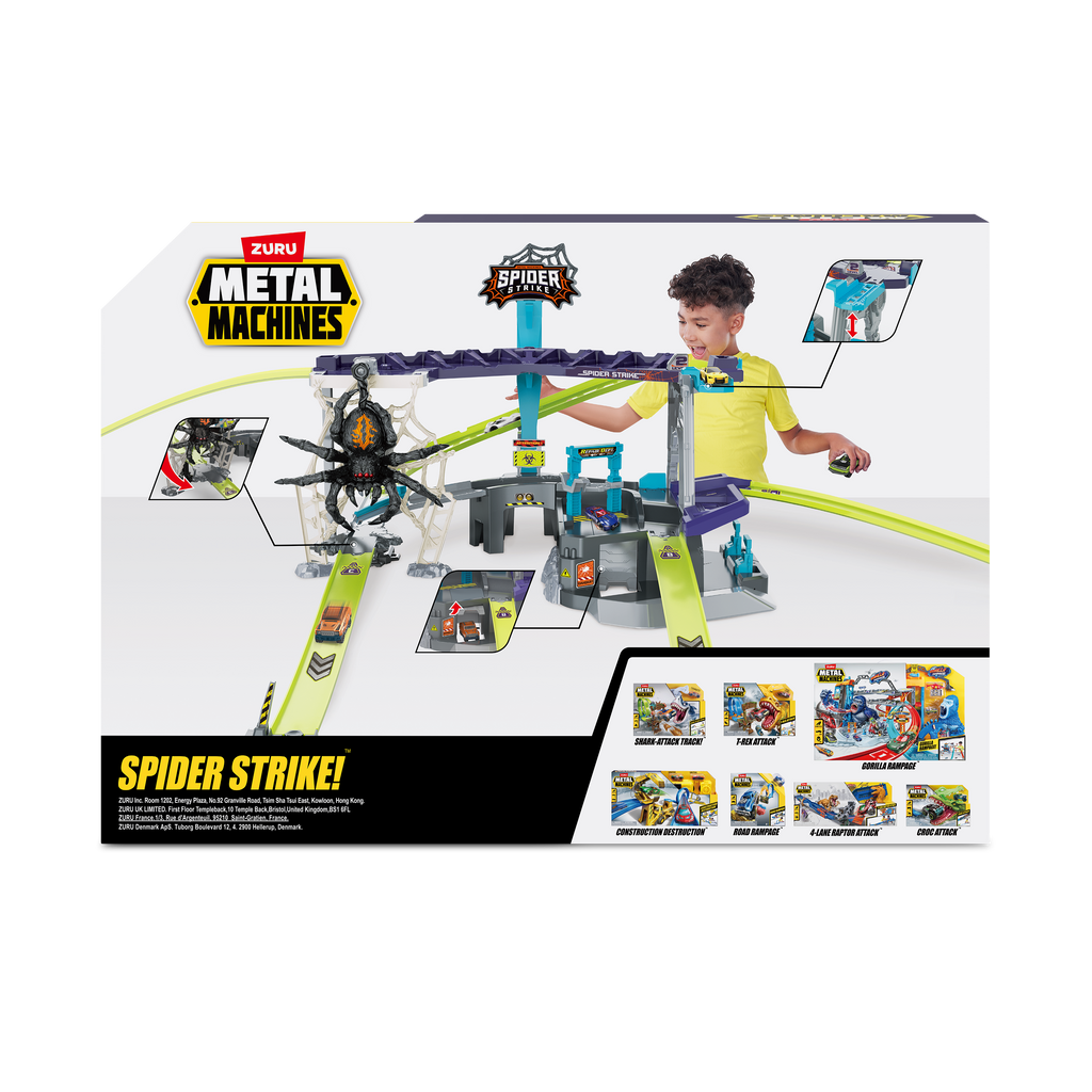 Dark Slate Gray Metal Machines Spider Strike Garage Playset 6725 by Zuru Toyzoona 6725_ZURU_METAL_MACHINES-Playset-Series_1_Spider_Strike_Back_of_pack.png Pretend Play and Play Sets