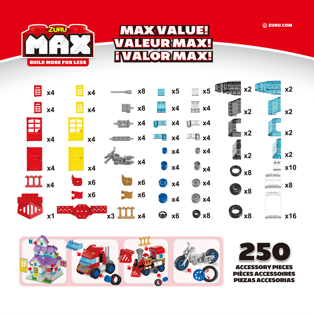 Dark Slate Gray MAX Build More Building Bricks Accessories and Wheels Value Set 8353 (250 Pieces) by ZURU Toyzoona 8353.png Building Sets and Construction Toys